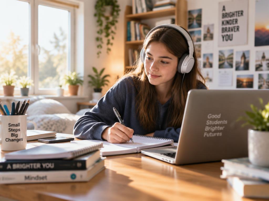 A focused teen student studying at a warm wooden desk with headphones, soft morning light
